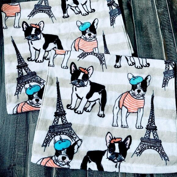 Frenchie Dog Paris Beret Eiffel Tower Dogs Hand Towels Set - Picture 1 of 3